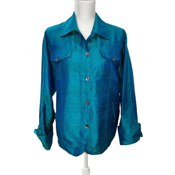 VTG ANU by Natural Silk Jacket XL Teal Blue Iridescent Shantung Top Art To Wear - Picture 5 of 11